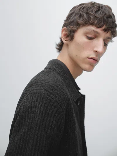 Massimo Dutti Knit Cotton And Wool Blend Cardigan With Buttons In Black