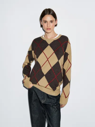 Massimo Dutti Knit Wool Blend Sweater With Argyle Detail In Brown