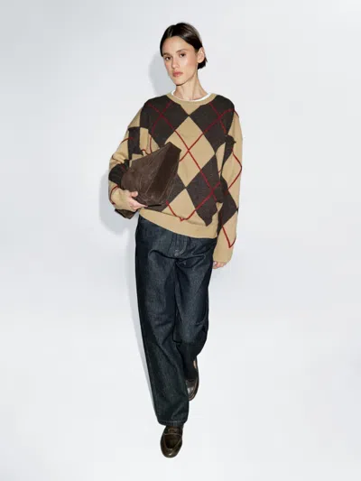 Massimo Dutti Knit Wool Blend Sweater With Argyle Detail In Brown