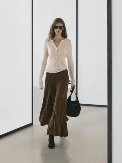 Massimo Dutti Cutwork Wool Blend Henley Sweater In Brown