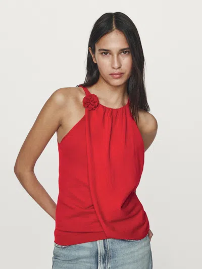 Massimo Dutti Knit Cotton Top With Floral Detail In Red