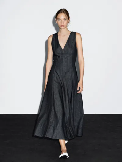 Massimo Dutti Denim Midi Dress With Seam Details In Blue