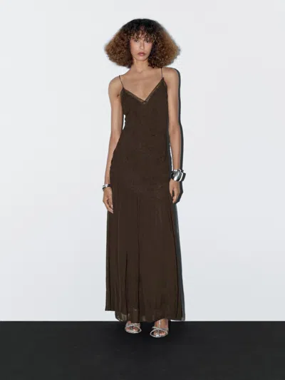 Massimo Dutti Long Slip Dress With Gathered Detail In Brown