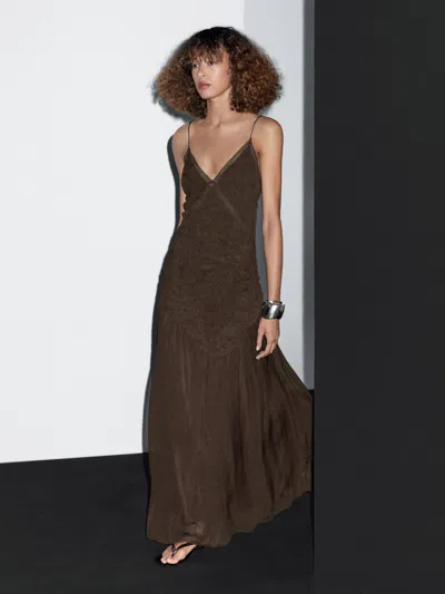 Massimo Dutti Long Slip Dress With Gathered Detail In Brown