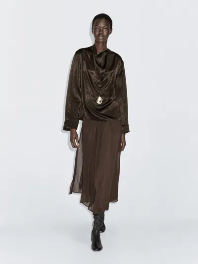 Massimo Dutti Flowing Blouse With Draped Collar In Brown
