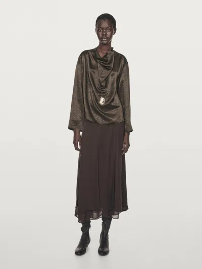 Massimo Dutti Flowing Blouse With Draped Collar In Brown