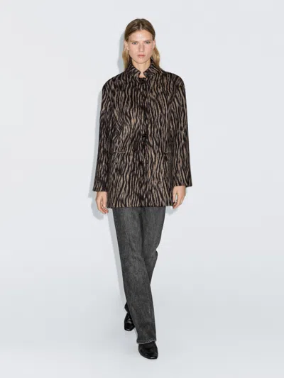 Massimo Dutti Wool Blend Animal Print Coat In Brown