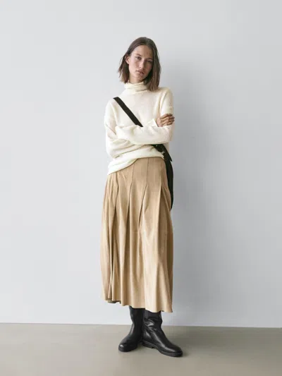 Massimo Dutti Long Pleated Suede Leather Skirt In Multi
