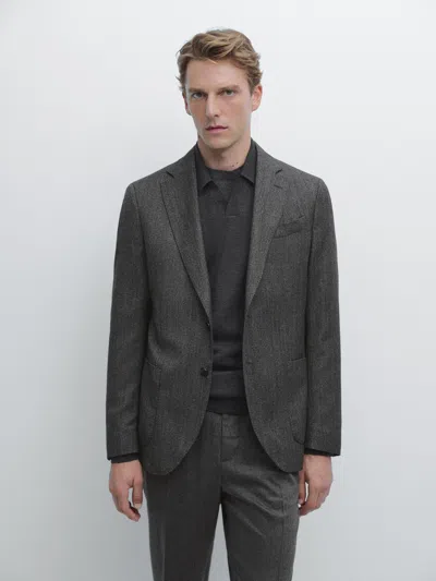 Massimo Dutti Herringbone Wool Blend Blazer In Gray