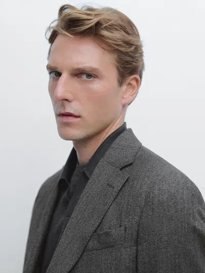 Massimo Dutti Herringbone Wool Blend Blazer In Gray