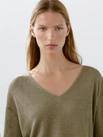 Massimo Dutti 100% Linen Long Sleeve Knit Sweater In Brown