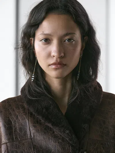 Massimo Dutti Mouton Leather Coat With Crackled Finish In Brown