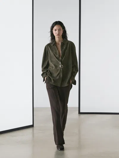 Massimo Dutti Suede Leather Shirt With Seams In Green