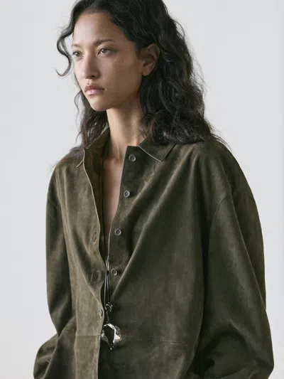 Massimo Dutti Suede Leather Shirt With Seams In Green