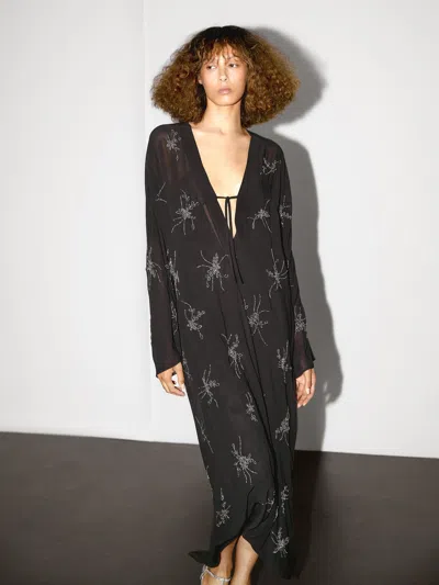 Massimo Dutti Flowing Midi Dress With Embroidery In Black