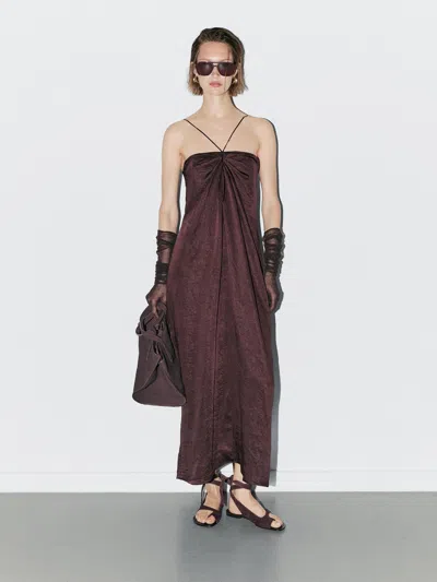 Massimo Dutti Draped Satin Midi Dress In Brown