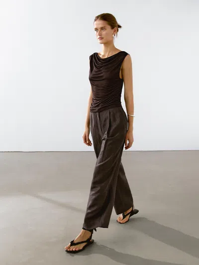Massimo Dutti Flowing Linen Blend Trousers With Darts In Brown