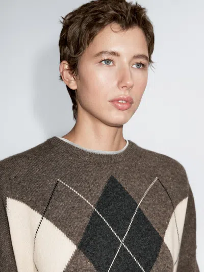 Massimo Dutti Oversize Knit 100% Wool Argyle Sweater In Gray