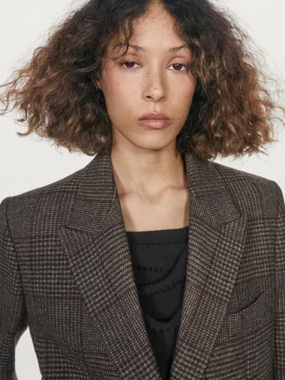 Massimo Dutti Check Wool Blend Blazer In Brown