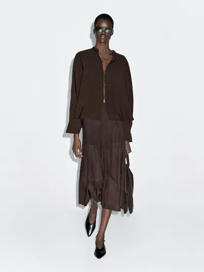 Massimo Dutti Stand Collar Shirt With Front Seam In Brown