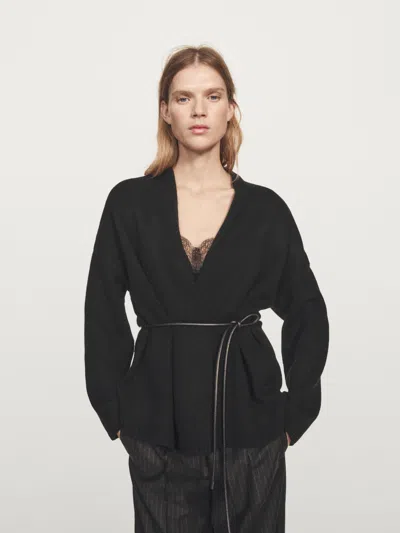 Massimo Dutti Long Knit Cardigan With Belt In Black