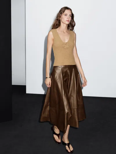 Massimo Dutti Nappa Leather Flared Midi Skirt In Brown
