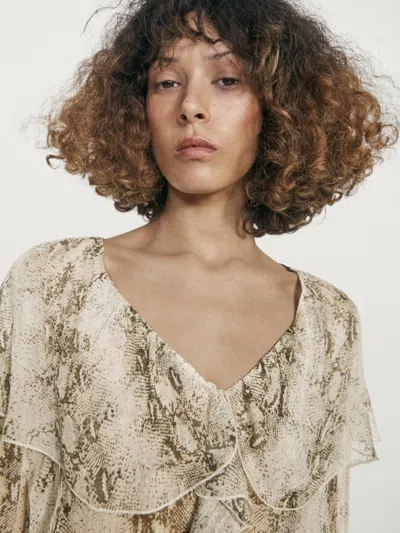 Massimo Dutti Snakeskin Print Blouse With Ruffles In Blue