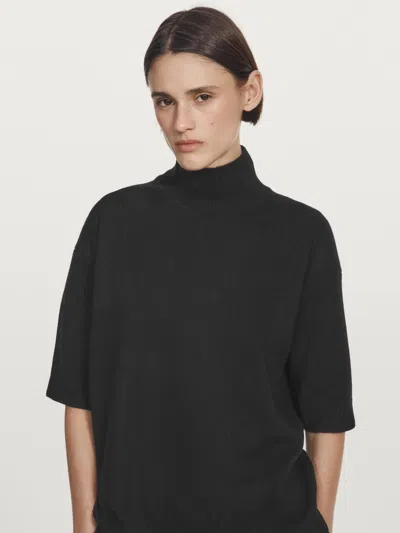 Massimo Dutti Short Sleeve 100% Wool Knit Sweater In Black