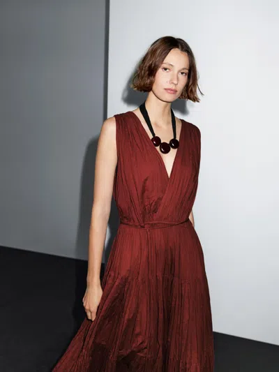 Massimo Dutti 100% Cotton Long Pleated Dress In Red