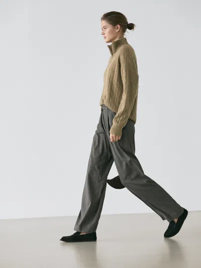 Massimo Dutti 100% Cashmere High Neck Sweater With Zip In Green