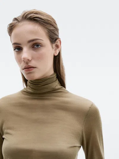 Massimo Dutti Extra Fine Knit 100% Silk Sweater With High Neck In Green