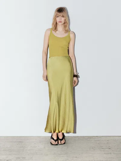 Massimo Dutti Long Flowing Satin Skirt In Green