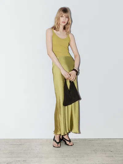 Massimo Dutti Long Flowing Satin Skirt In Green