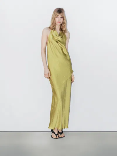 Massimo Dutti Long Flowing Satin Skirt In Green