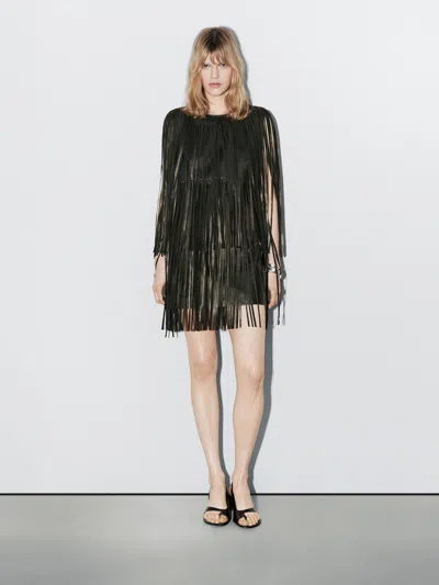 Massimo Dutti Short Nappa Leather Dress With Fringing In Animal Print