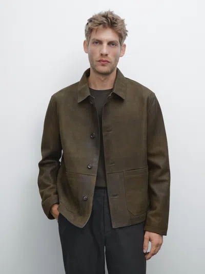 Massimo Dutti Distressed Effect 100% Sheepskin Leather Jacket In Brown