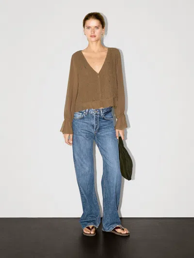 Massimo Dutti Textured Shirt With Ruffles In Gold