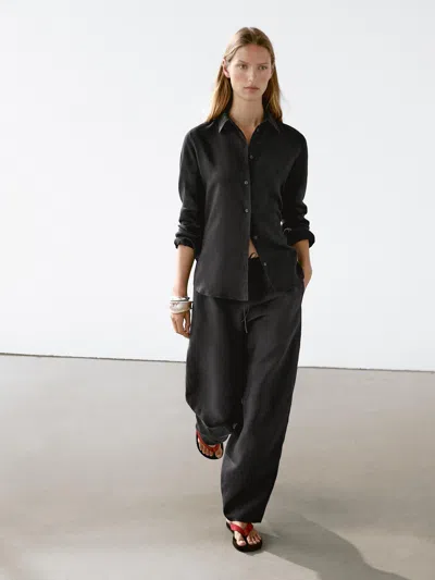 Massimo Dutti Flowing Linen Blend Barrel Fit Trousers In Black