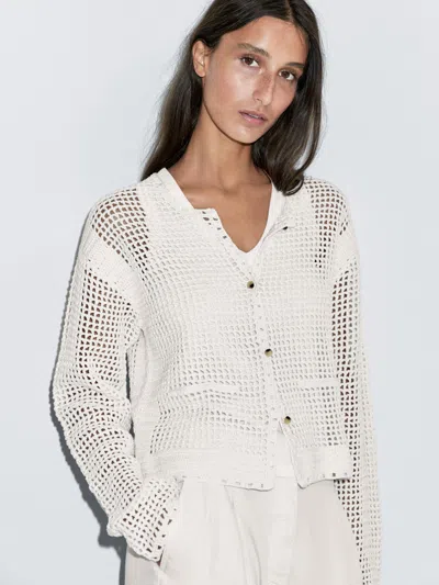 Massimo Dutti 100% Cotton Openwork Crochet Cardigan In White