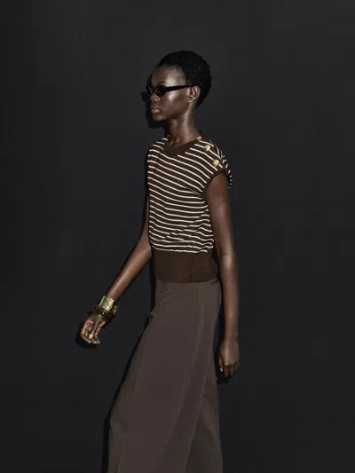 Massimo Dutti Striped Vest With Button Details In Brown