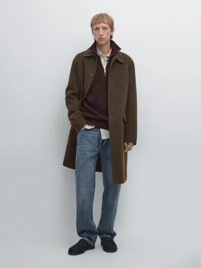 Massimo Dutti Long Double Wool Blend Coat In Brown