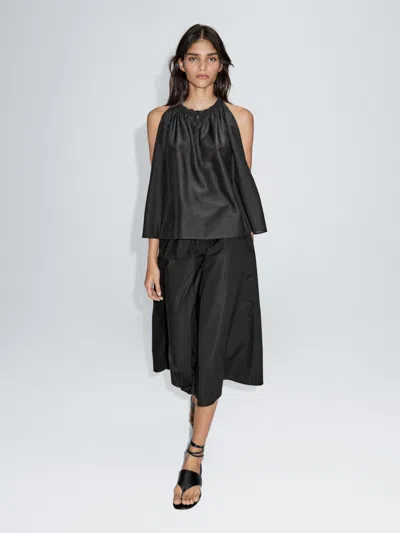 Massimo Dutti Cotton Blend Top With Gathered Neckline In Black