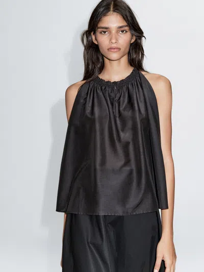 Massimo Dutti Cotton Blend Top With Gathered Neckline In Black