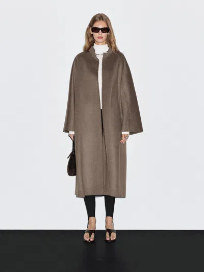 Massimo Dutti Long Open Wool Blend Coat In Brown
