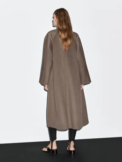 Massimo Dutti Long Open Wool Blend Coat In Brown