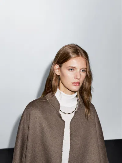 Massimo Dutti Long Open Wool Blend Coat In Brown