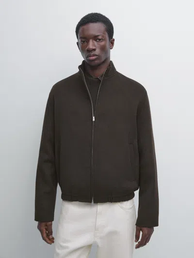 Massimo Dutti Wool Blend High Neck Jacket In Green