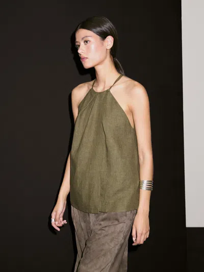 Massimo Dutti 100% Linen Crossover Halter Top In Green