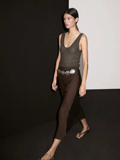 Massimo Dutti Flowing Satin Midi Skirt In Brown