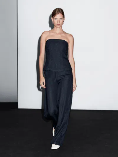 Massimo Dutti Strapless Denim Top In Blue